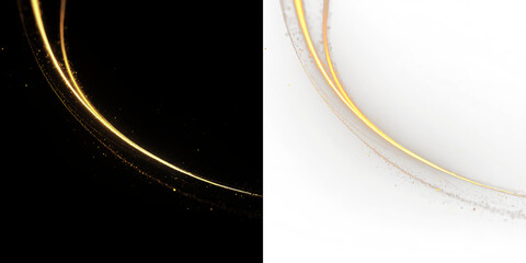 Curved lines with golden glow and splash effects isolated on transparent and black background, light overlay, PNG © tanandaa