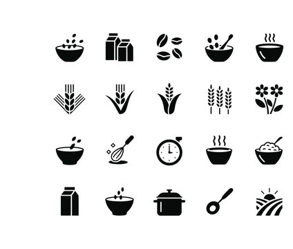 Black and white line collection of various plants and cooking utensils line plants leaves flowers
