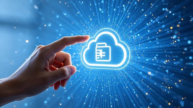 Hand pointing at glowing cloud computing icon with document symbols