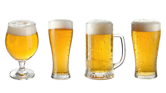 AI generated. Set of four different beer glasses filled with golden lager, featuring thick foam heads and condensation droplets, isolated on a white background.