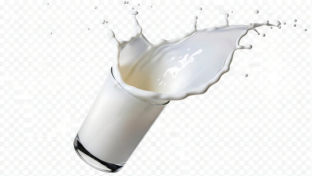ia generated. Dynamic milk splash exploding out of a tilted glass on a clean white background.