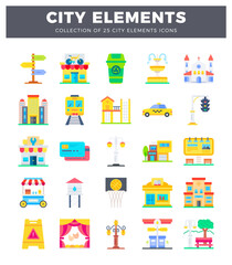 Naklejka premium Flat icon collection featuring diverse city elements for design projects.