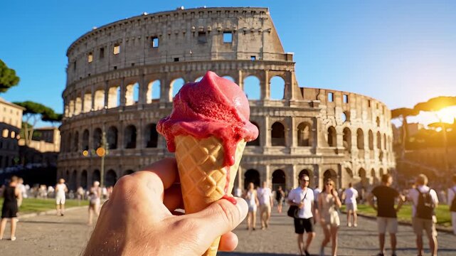 Enjoying a Delicious Ice Cream Cone in Front of the Iconic Colosseum in Rome.