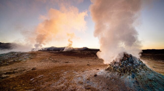 Geothermal landscape with steaming fumaroles at sunset