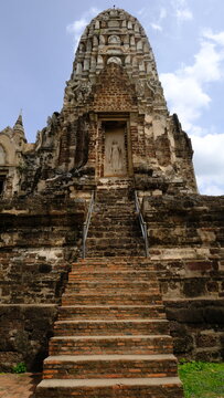 Ancient Khmer Style Prang at Wat Ratchaburana, Steep Brick Stairs Leading to Sacred Sanctuary, Ayutthaya Historical Park Thailand