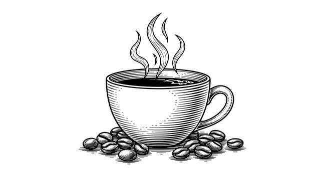 Steaming Cup of Coffee with Beans.