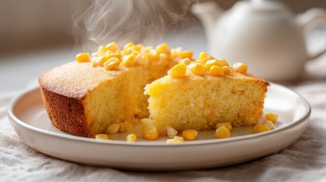 Warm cornbread with kernels on top, served on a plate with steam rising. A close-up shot of freshly baked cornbread, topped with sweet corn kernels and gently steaming, presented on simple white plate