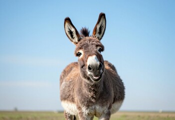 Fototapeta premium Close-up portrait of an adorable donkey against a clear blue sky