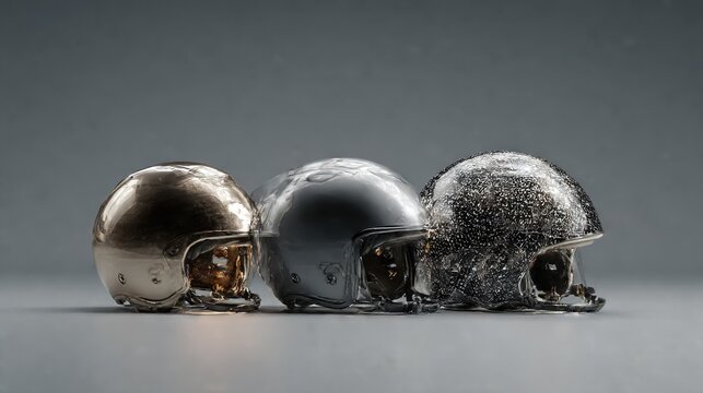 Three decorative football helmets in gold, silver, and speckled black finishes. Trio of miniature football helmets showcasing distinct metallic textured finishes, symbolizing achievement competition