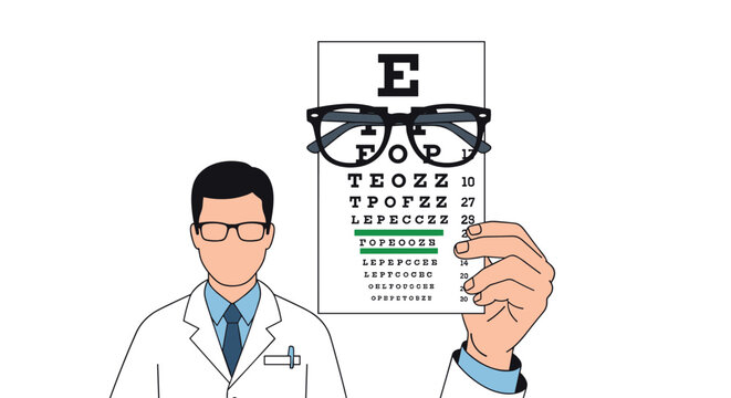Doctor Examining Eye Chart In Clinic.