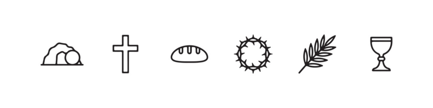 Vector icons of religious Christian symbols in a clean line style, featuring a wheat stalk, communion chalice, bread loaf, cross, crown of thorns, and the empty tomb of Jesus.