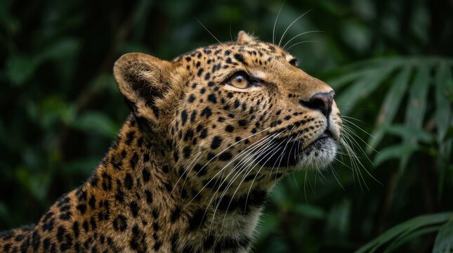 Portrait of a Wild Leopard Looking Up in Lush Green Jungle Canopy