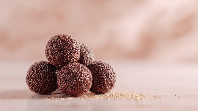 Delicious homemade chocolate brigadeiros covered in sprinkles, traditional Brazilian treat. Pile of rich chocolate brigadeiros, Brazilian dessert, coated in crunchy sprinkles scattered golden pearls