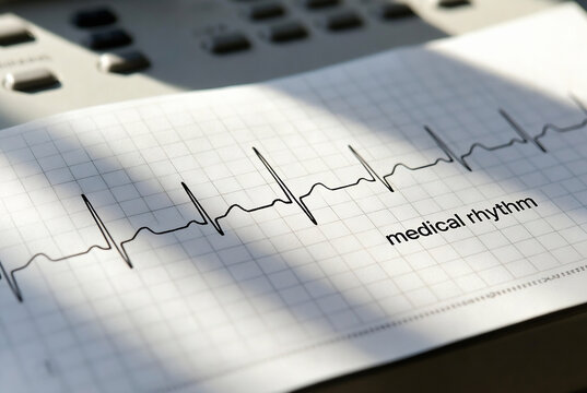 A medical electrocardiogram (ECG) is displayed on a printed graph, suggesting an examination or monitoring of heart rhythm.