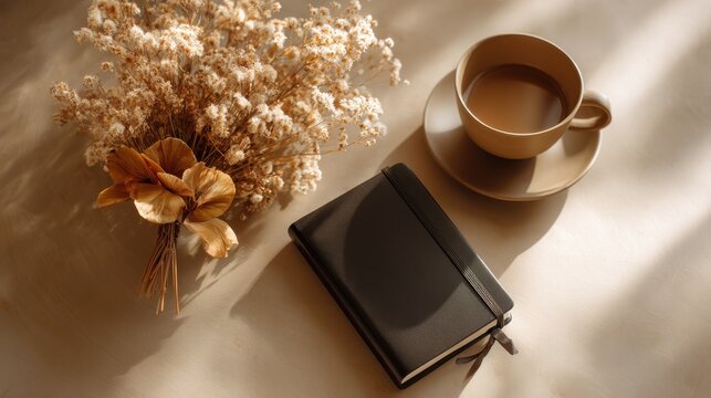 Cozy morning scene with coffee, dried flowers, and a journal on a textured surface. Warm, inviting composition featuring cup of coffee, small notebook, bouquet of dried flowers bathed in soft sunlight