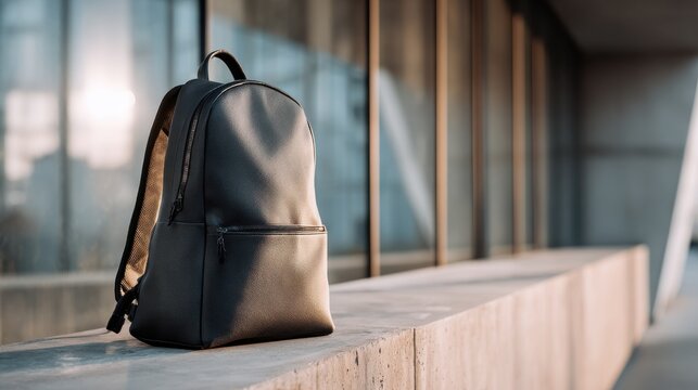 Modern leather backpack resting on concrete ledge with sunset light. Sleek, minimalist black backpack made of textured leather is positioned on concrete surface, bathed in warm, golden hour sunlight