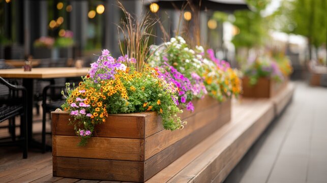 Vibrant flower boxes enhance outdoor dining area with colorful blooms natural wood. Long wooden planter box overflows with variety of colorful flowers, adding beauty to outdoor restaurant seating area