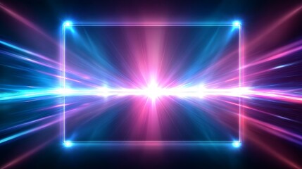 Obraz premium Rectangular neon frame with intense blue and pink light rays bursting from the center