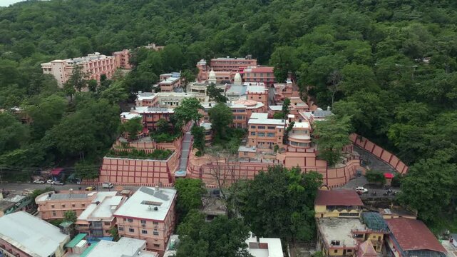 Aerial drone shot of Parmarth Niketan Ashram in Rishikesh India