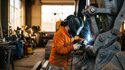 Fototapeta premium Welder repairing heavy excavator component inside industrial workshop