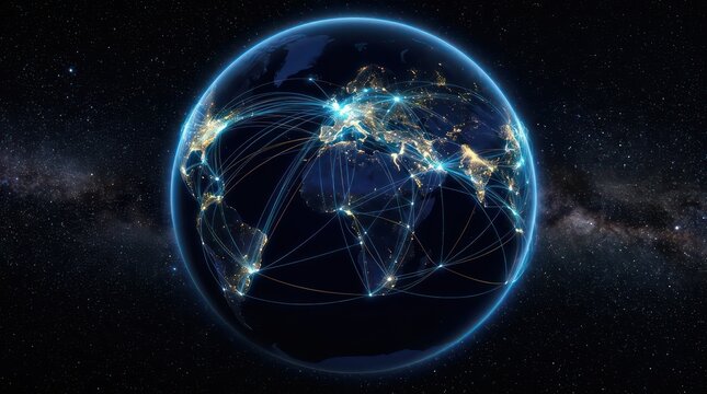 Glowing Digital Earth Global Network Nodes With Blue Data Lines In Space Background For Technology Connectivity Header
