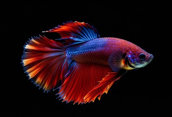 Fototapeta premium Vibrant blue and red betta fish swimming against a black background