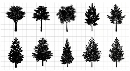 Fototapeta premium Collection of diverse silhouette evergreen trees and conifers against a clean white grid background ideal for design projects and architectural visualization elements