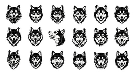 Collection of stylized husky dog heads in various expressions and poses rendered in bold black and white line art for graphic design and tattoos isolated on white background © PABITRA