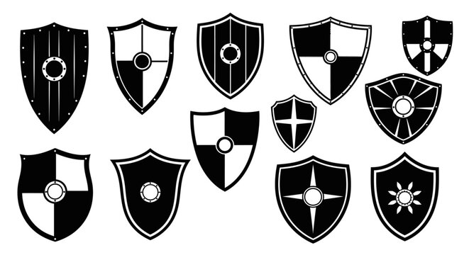 Collection of diverse medieval and fantasy shields heraldic symbols and protective gear vector icons representing strength defense and history isolated on white background