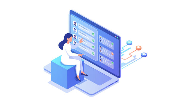 Woman interacting with email notifications on laptop isometric online communication vector illustration
