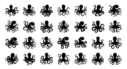 Collection of diverse black silhouette octopus icons and illustrations on a clean white background representing marine life ocean creatures and underwater concepts © PABITRA