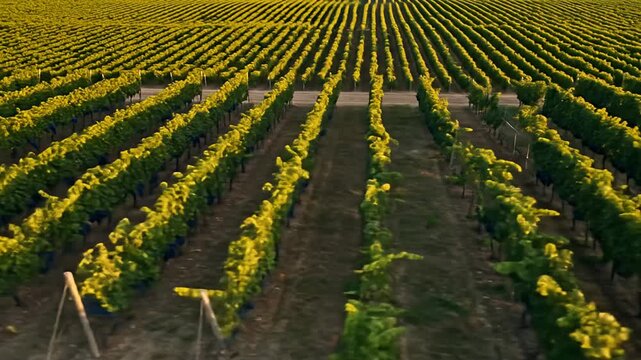 Aerial view of a vineyard with rows of green grapevines and dirt pathways
