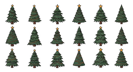 Obraz premium Christmas Tree Collection: Decorated Fir Trees with Star Topper and Lights, Isolated