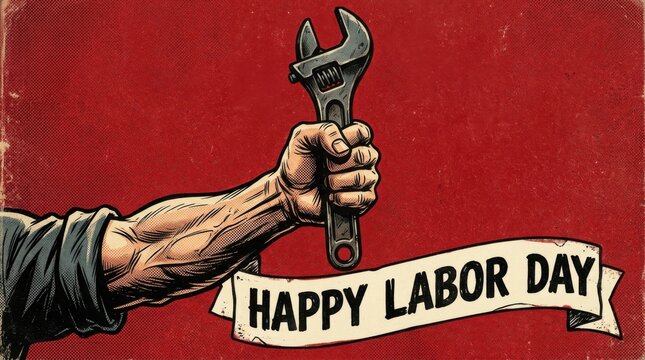 Retro Comic Style Labor Day Graphic of Arm Holding Tool