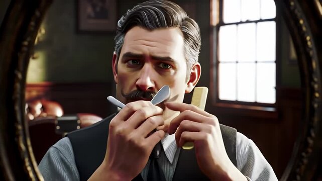 Man with groomed mustache tidies it with tools in front of an ornate oval mirror