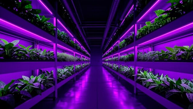 Modern indoor vertical farming system with purple led grow lights for hydroponic plants