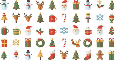 Fototapeta premium Christmas Icons Set: Santa, Snowman, Reindeer, Gifts, Trees, Wreath, Candy Cane, Snowflake