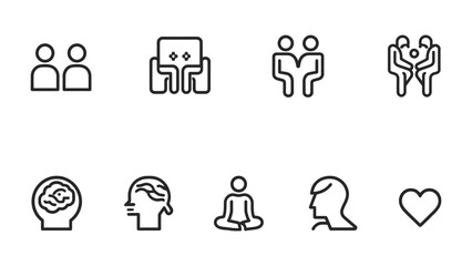 Fototapeta premium Minimalist Mind Wellness Icons: A set of simple line icons represents mental wellness, social connection, and emotional balance. Promoting serenity and inner peace.