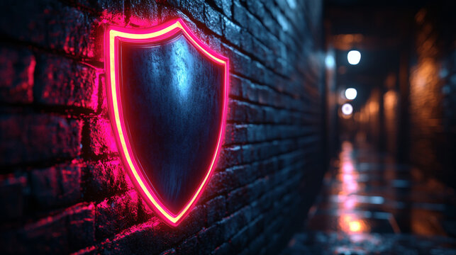 Red neon shield on the brick wall