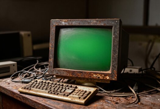 Abandoned vintage CRT computer monitor with green screen and rusty keyboard