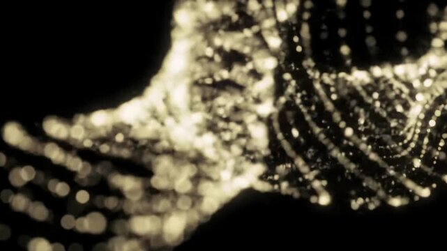 Luminous, light-colored particles swirl into intricate, abstract shapes against a deep charcoal black background with rim lighting and bokeh, a macro video. Concept of digital data transformation