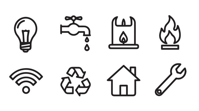 Collection of eight modern outline icons representing essential household services and utilities
