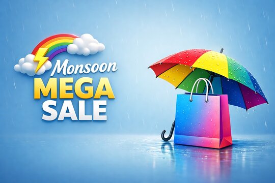 Creative Monsoon Sale Poster Design with Rainy Season Theme