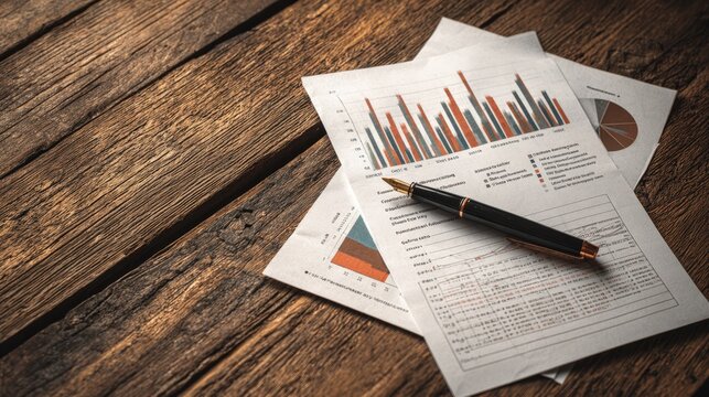 Business Charts and Graphs on Wooden Desk with Pen Analysis Finance Growth Report Statistics Spreadsheet Data
