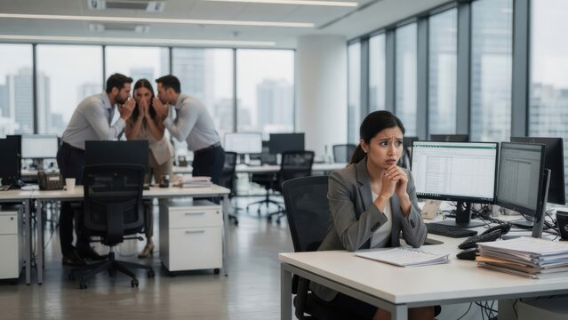 A professional employee in a modern office setting is concerned by colleagues' discreet conversation, ideal for business communications, HR content, and corporate training materials.