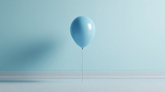 Single deflated balloon on clean bright surface, soft daylight, minimal interior, concept of fading joy after event, centered composition with large