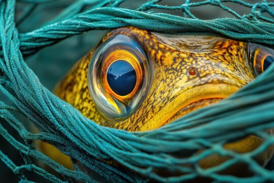 Eye Contact: Pufferfish Trapped in Fishing Net. Close-up Gaze, Marine Life