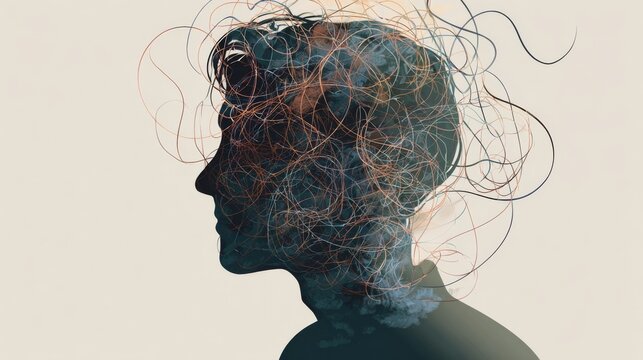 Conceptual illustration of anxiety and mental overload with chaotic tangled lines forming a human head silhouette. Minimal clean background with copy space, symbolizing stress, overthinking, emotion