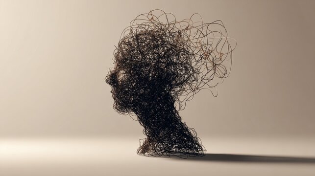 Illustration of anxiety and mental overload concept with chaotic tangled lines forming a human head silhouette. Minimal clean background with copy space, symbolizing stress, overthinking, emotion