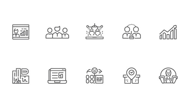 Business Icon Set: A comprehensive collection of modern line icons depicting various aspects of business, finance, and commerce.